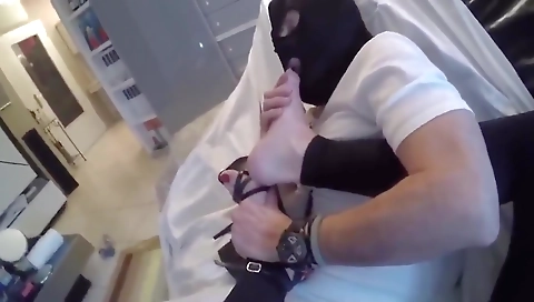 Busty shemale fucks a dude with her feet and pussy