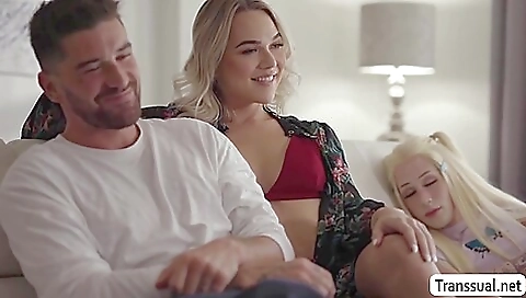 Blonde shemale sucks and rides a dick with deep throat