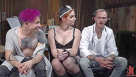 A hot pornstar is in a bdsm threesome with two studs