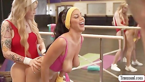 Blonde brunette and transvestite in big tits fucked hard